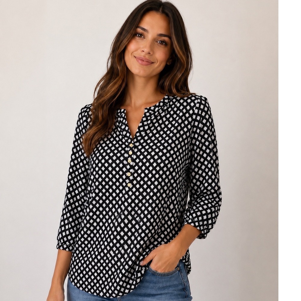 New York & Company Small Black White Diamond Print V-Neck Gold Button Blouse Top